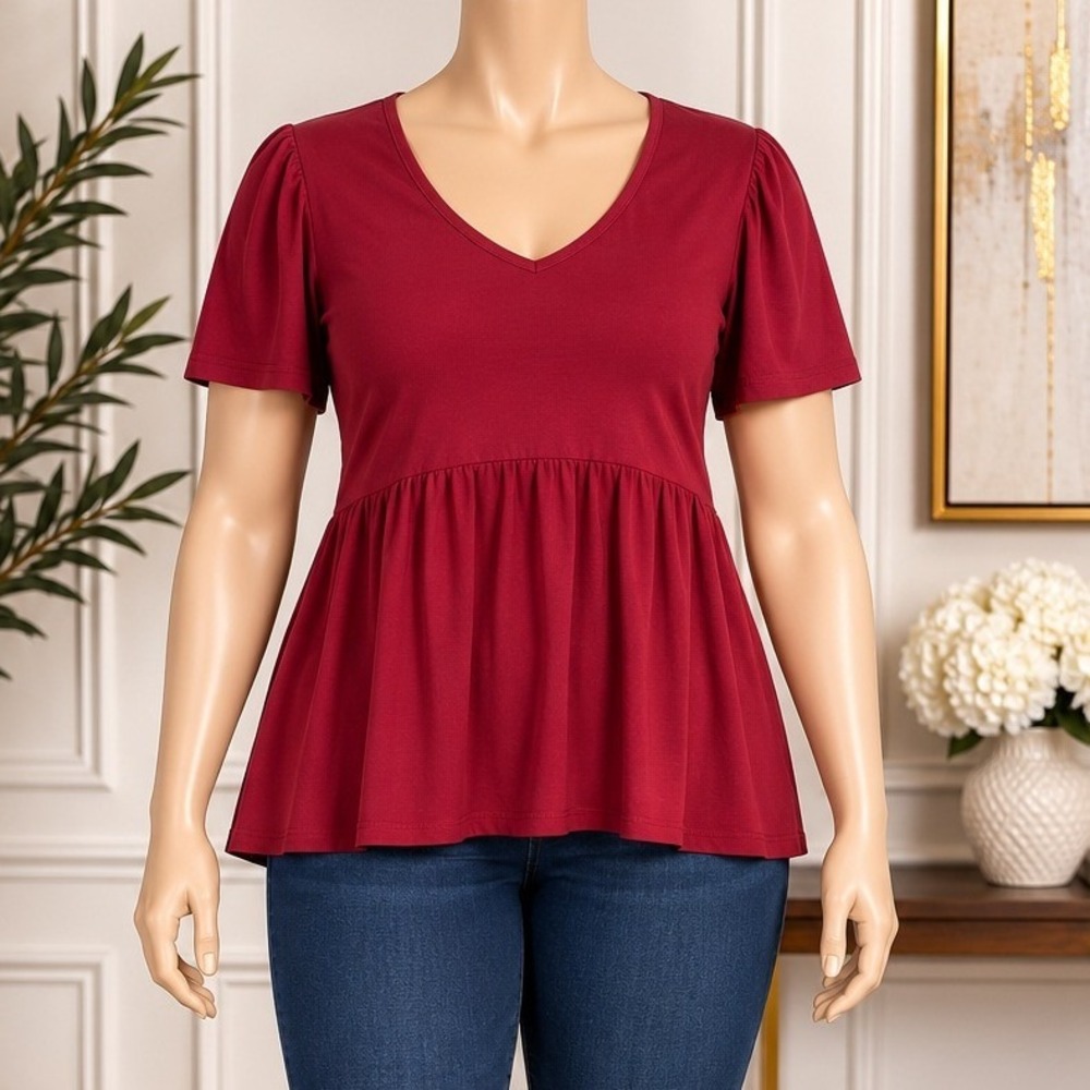 Ofeefan Burgundy Babydoll Peplum V-Neck Top Size L